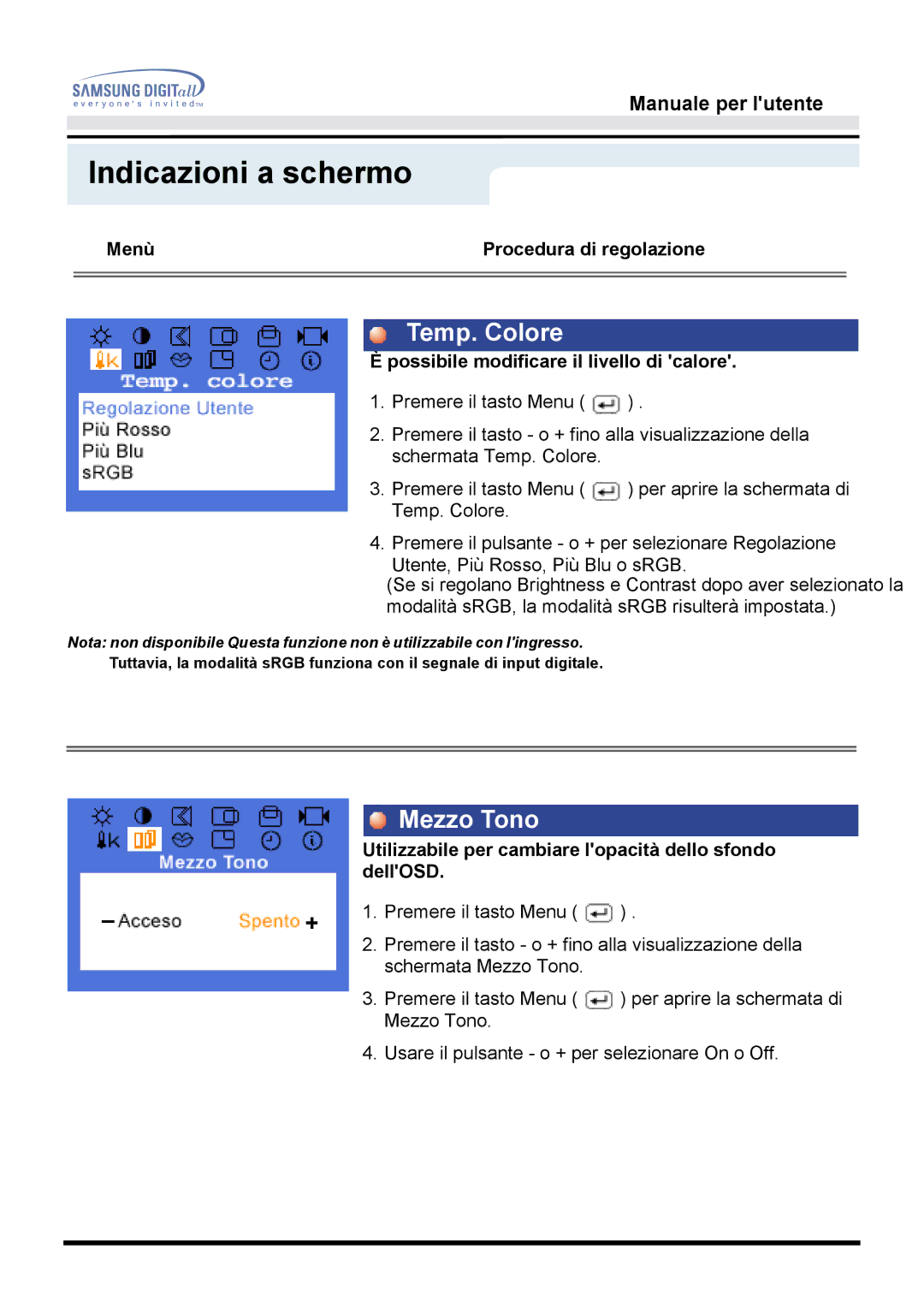 Samsung MO17ESZS/EDC, MO17ESDS/EDC manual Mezzo Tono, Utilizzabile per cambiare lopacità dello sfondo dellOSD 