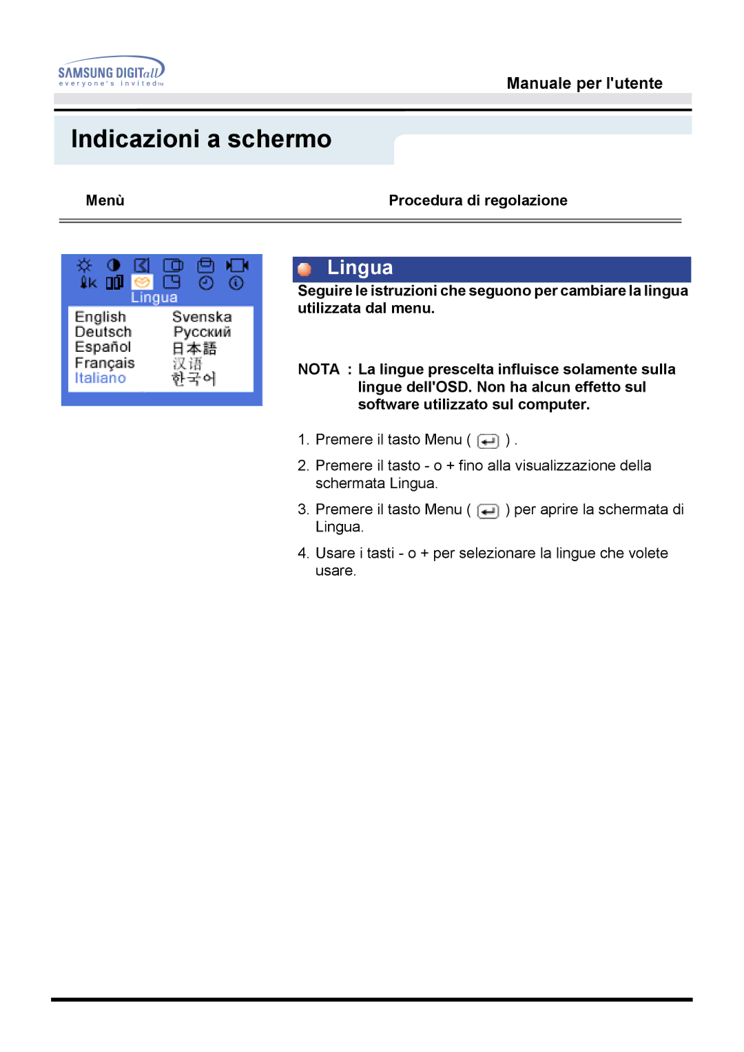 Samsung MO17ESDS/EDC, MO17ESZS/EDC manual Lingua 