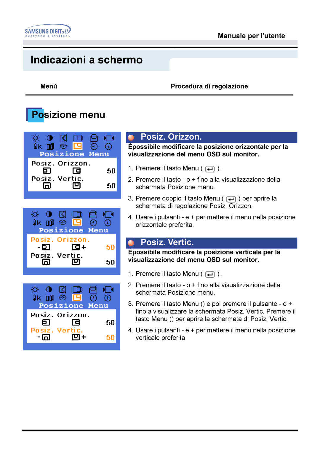 Samsung MO17ESZS/EDC, MO17ESDS/EDC manual Posizione menu 