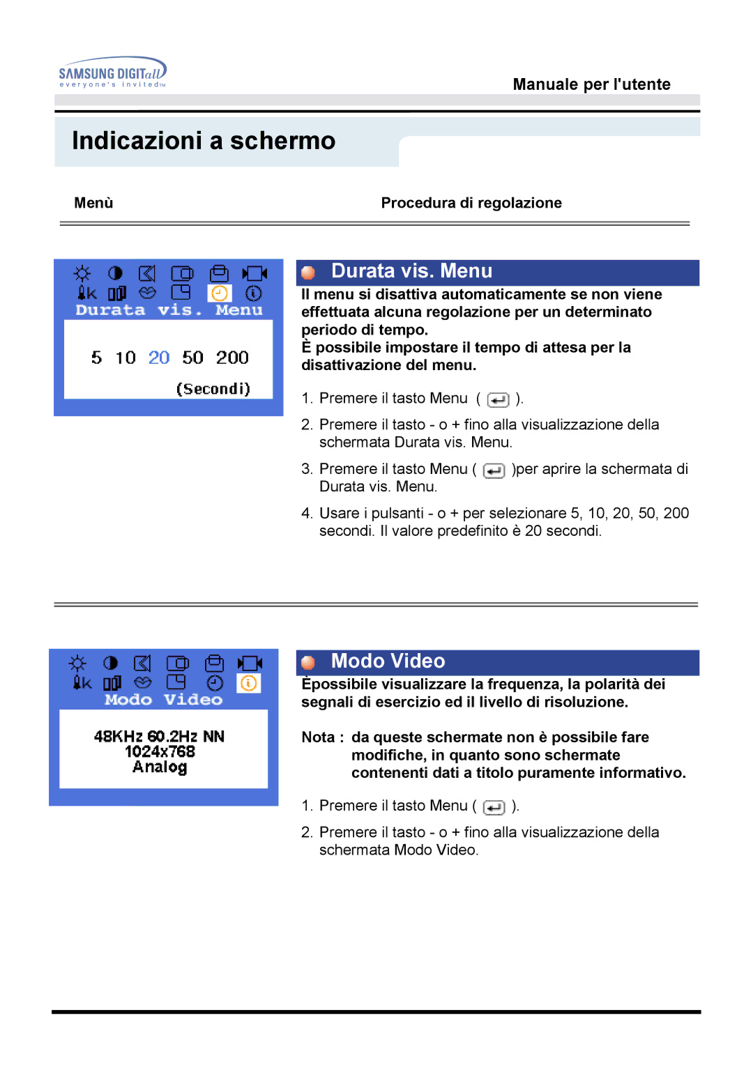 Samsung MO17ESDS/EDC, MO17ESZS/EDC manual Durata vis. Menu 