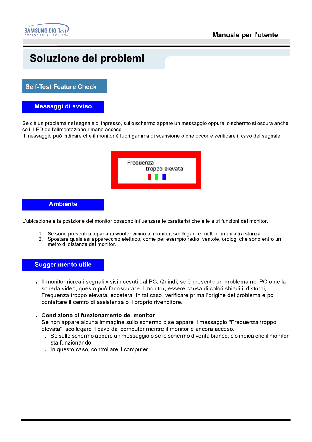 Samsung MO17ESDS/EDC, MO17ESZS/EDC manual Self-Test Feature Check Messaggi di avviso, Ambiente, Suggerimento utile 