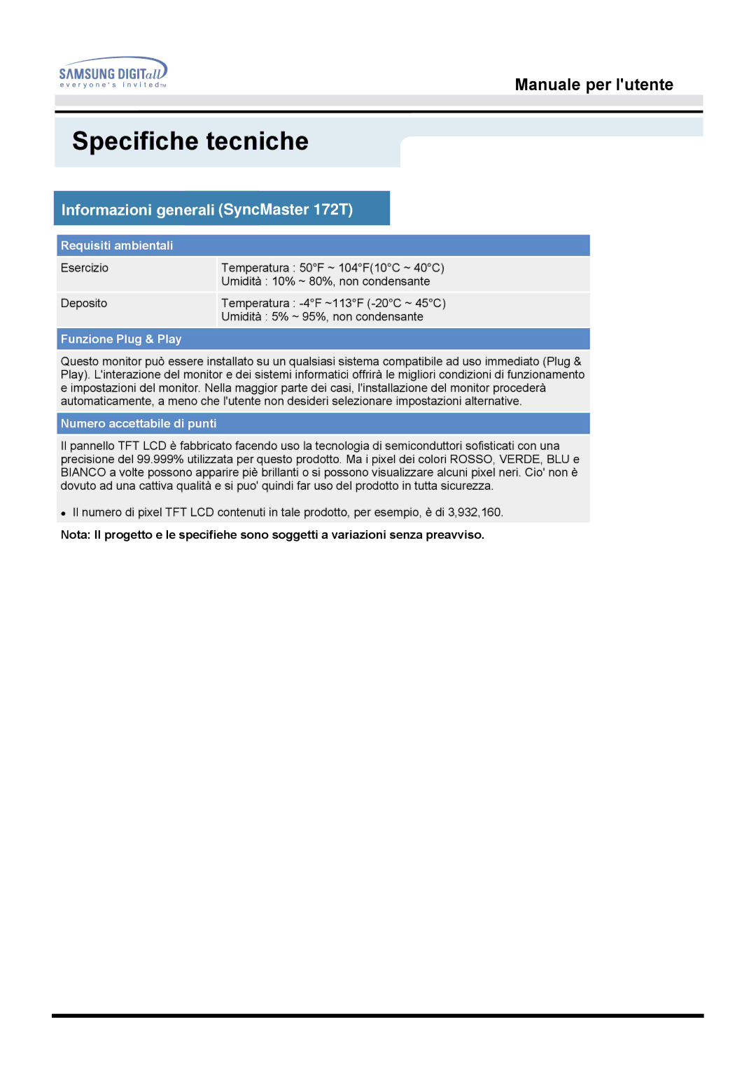 Samsung MO17ESDS/EDC, MO17ESZS/EDC manual Specifiche tecniche 