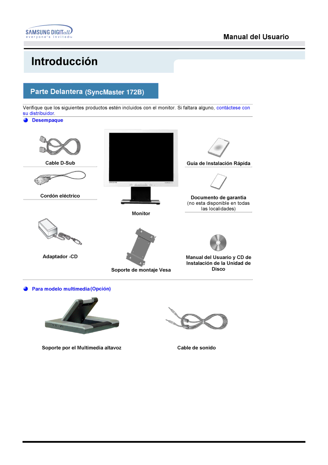 Samsung MO17ESZS/EDC, MO17ESDS/EDC manual Introducción, Parte Delantera SyncMaster 172B 