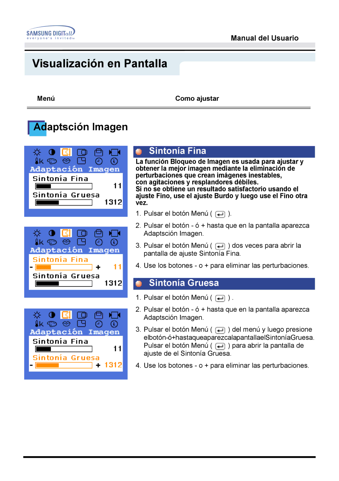 Samsung MO17ESZS/EDC, MO17ESDS/EDC manual Sintonía Fina, Sintonía Gruesa 