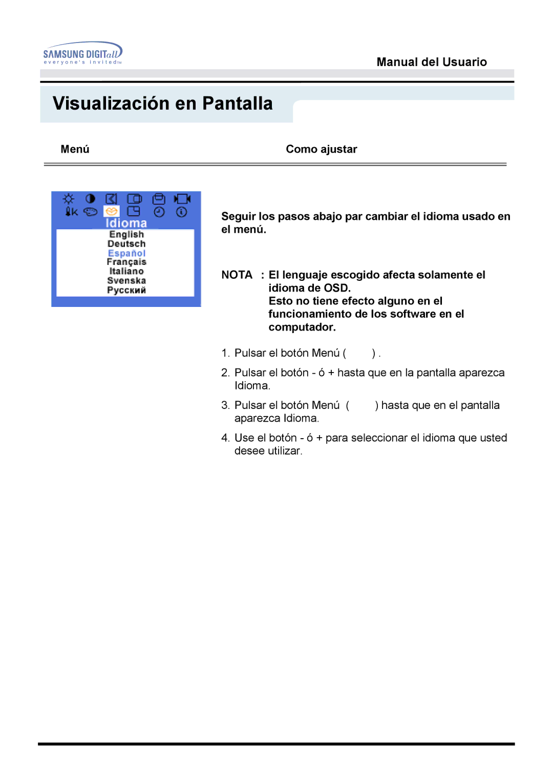 Samsung MO17ESZS/EDC, MO17ESDS/EDC manual Idioma 