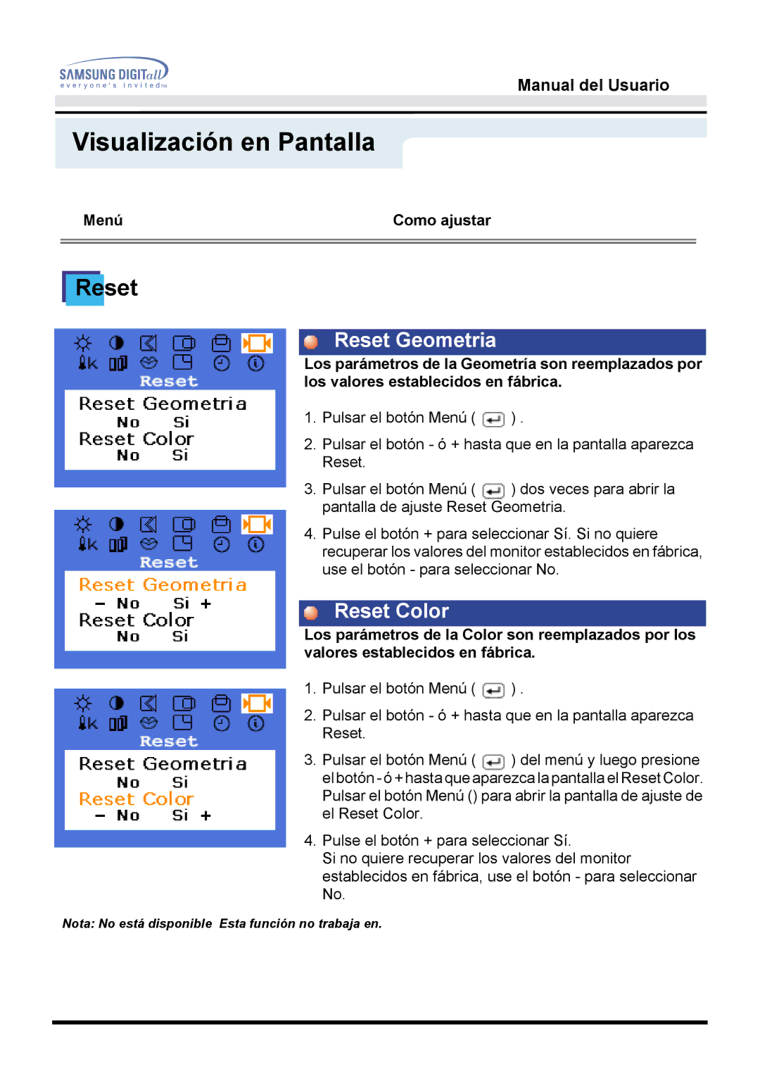 Samsung MO17ESDS/EDC, MO17ESZS/EDC manual Reset 