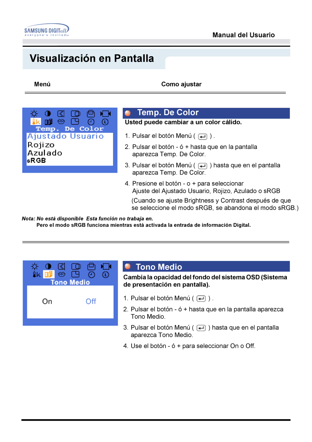 Samsung MO17ESZS/EDC, MO17ESDS/EDC manual Temp. De Color, Tono Medio 