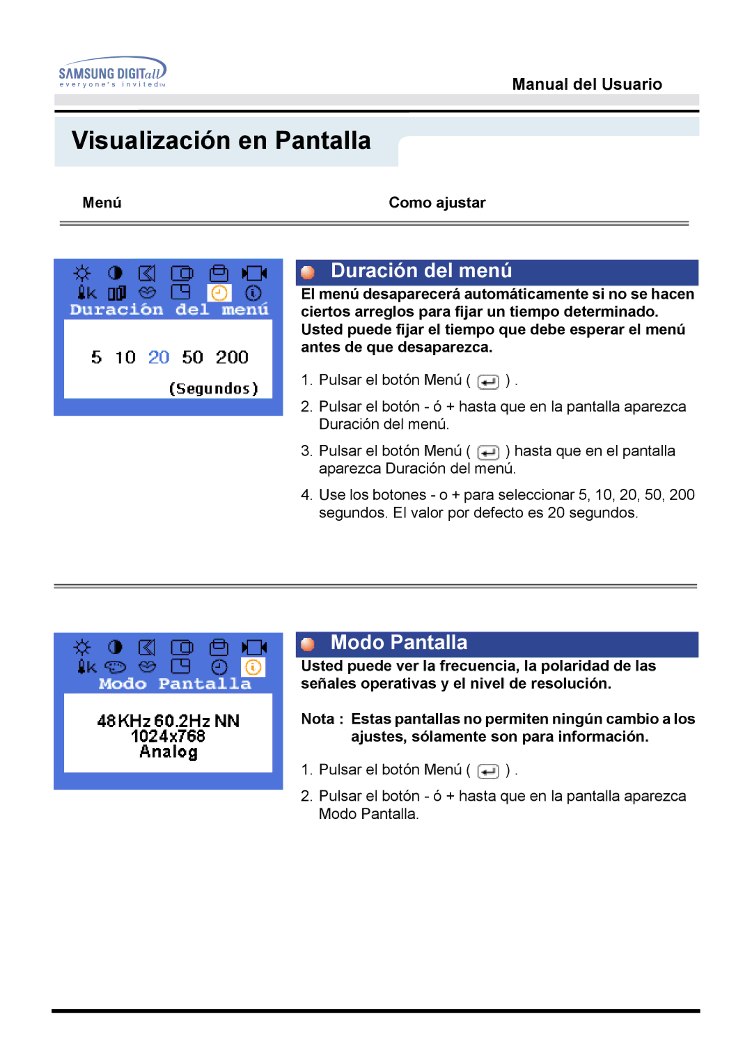 Samsung MO17ESDS/EDC, MO17ESZS/EDC manual Duración del menú 