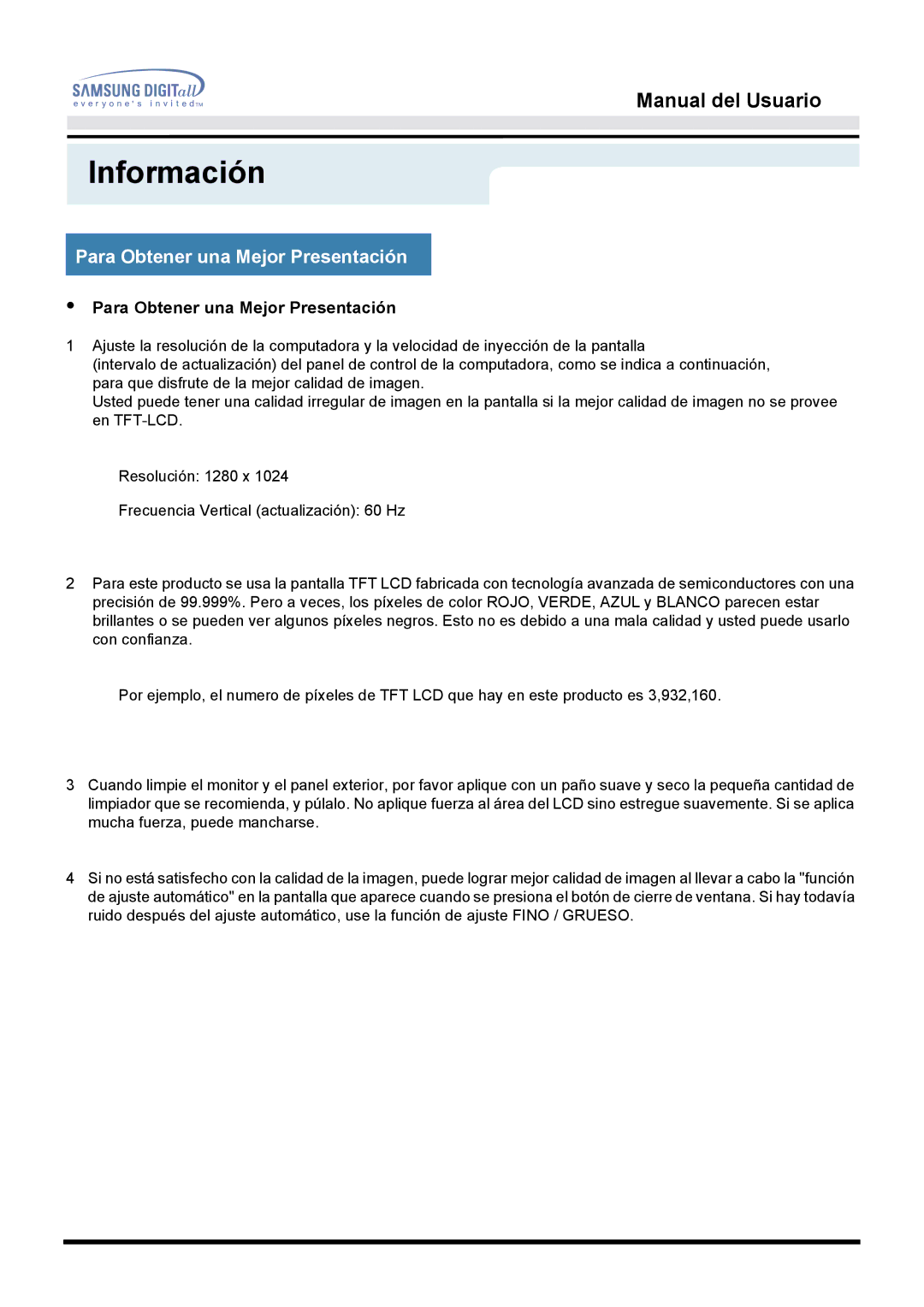 Samsung MO17ESDS/EDC, MO17ESZS/EDC manual Para Obtener una Mejor Presentación 