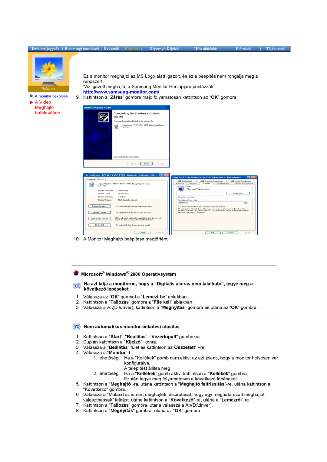 Samsung MO17ESZS/EDC, MO17ESDS/EDC manual Nem automatikus monitor-bekötési utasitás 