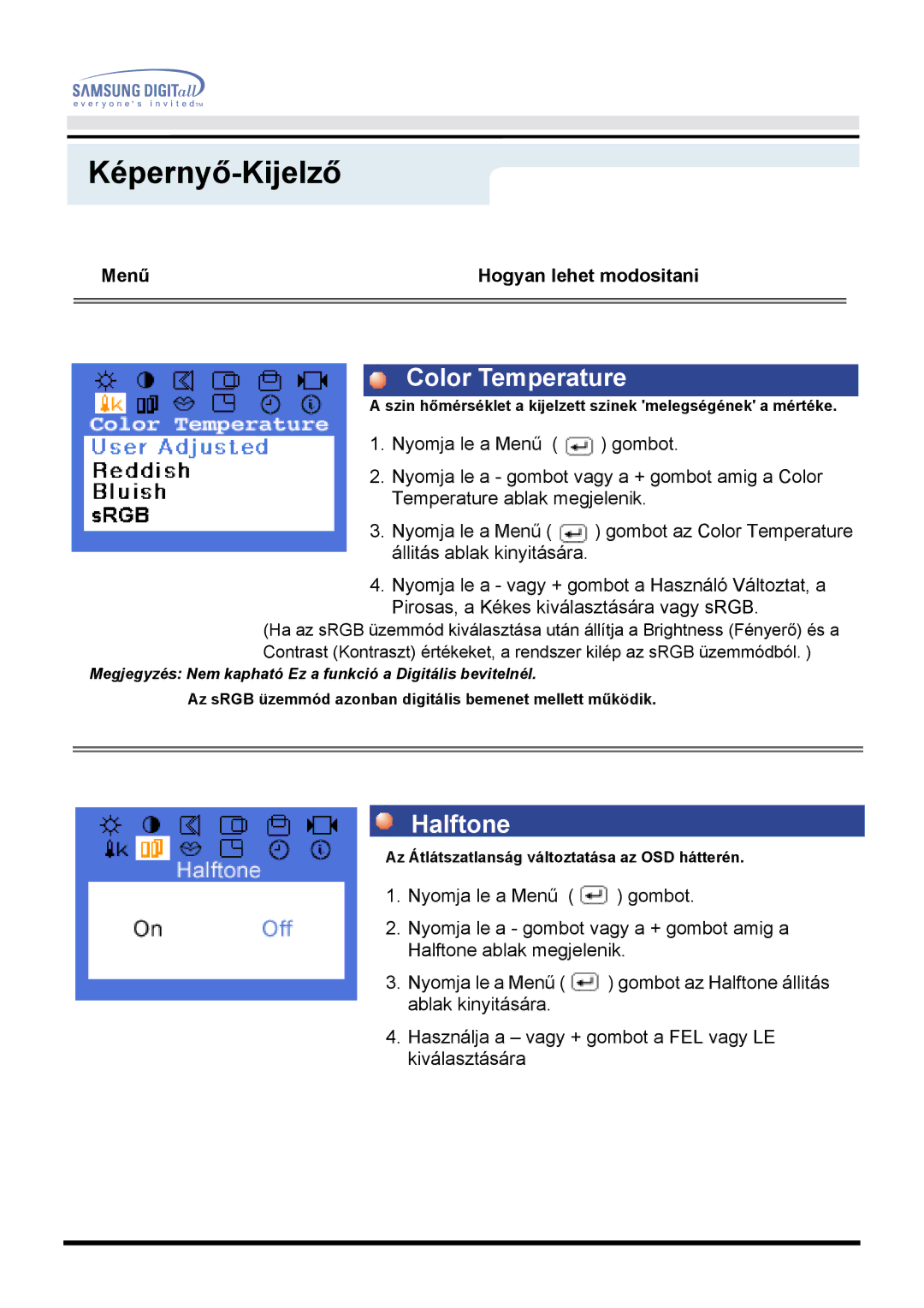 Samsung MO17ESDS/EDC, MO17ESZS/EDC manual Color Temperature, Halftone 