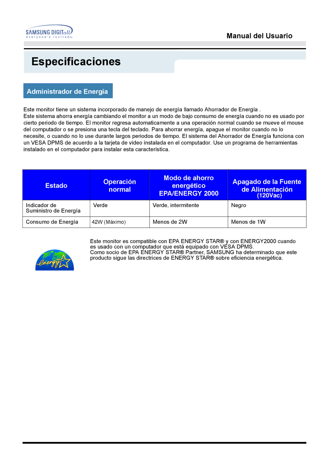 Samsung MO17PSDS/EDC, MO17ESZSZ/EDC, MO17ESZS/EDC, MO17ESDS/EDC, MO17ESDSZ/EDC manual Administrador de Energía, Epa/Energy 