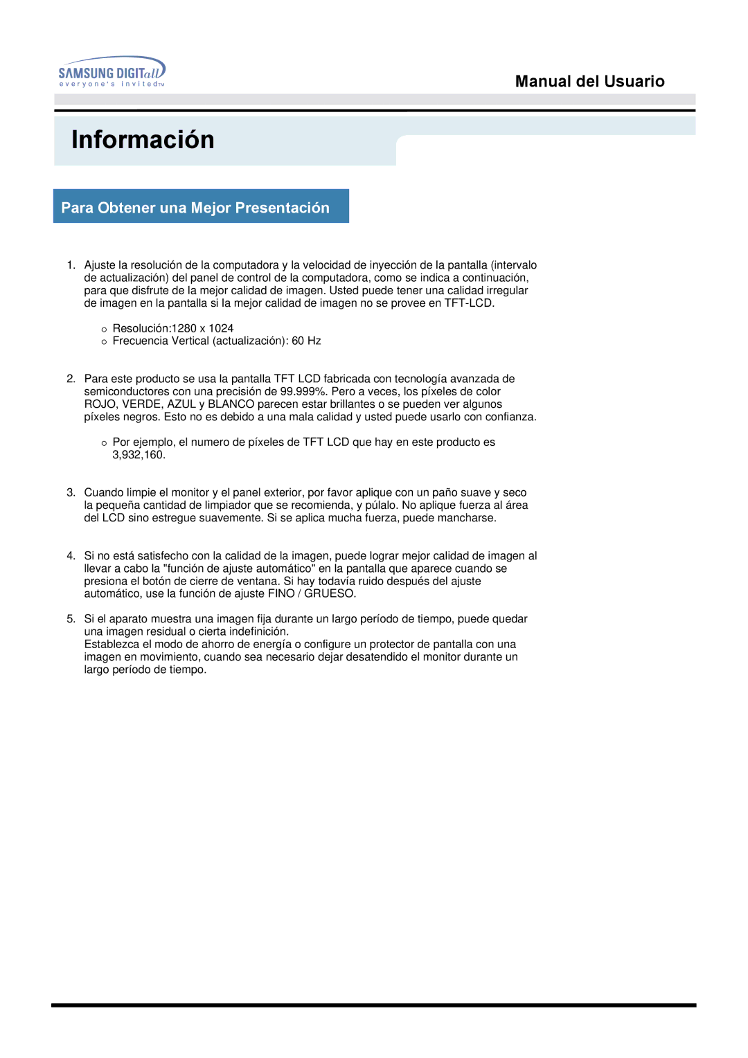 Samsung MO17PSDS/EDC manual Para Obtener una Mejor Presentación, Resolución1280 x Frecuencia Vertical actualización 60 Hz 