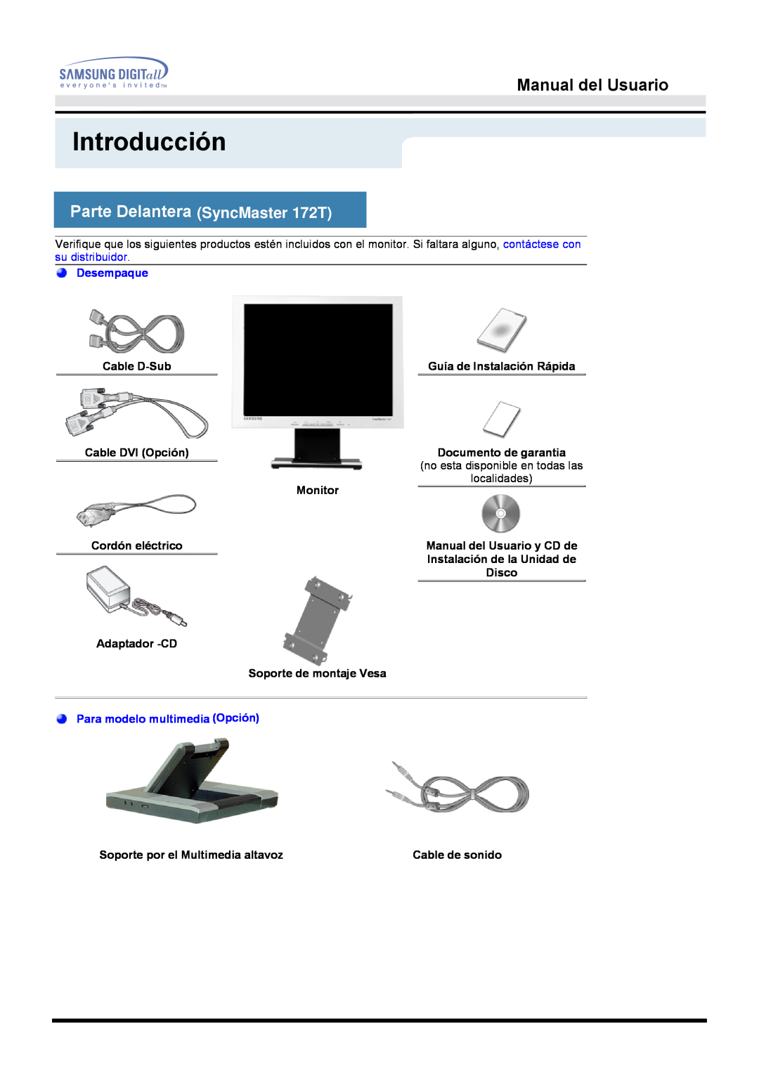 Samsung MO17ESZS/EDC Parte Delantera SyncMaster 172T, Introducción, Manual del Usuario, Desempaque, Cable D-Sub, Monitor 