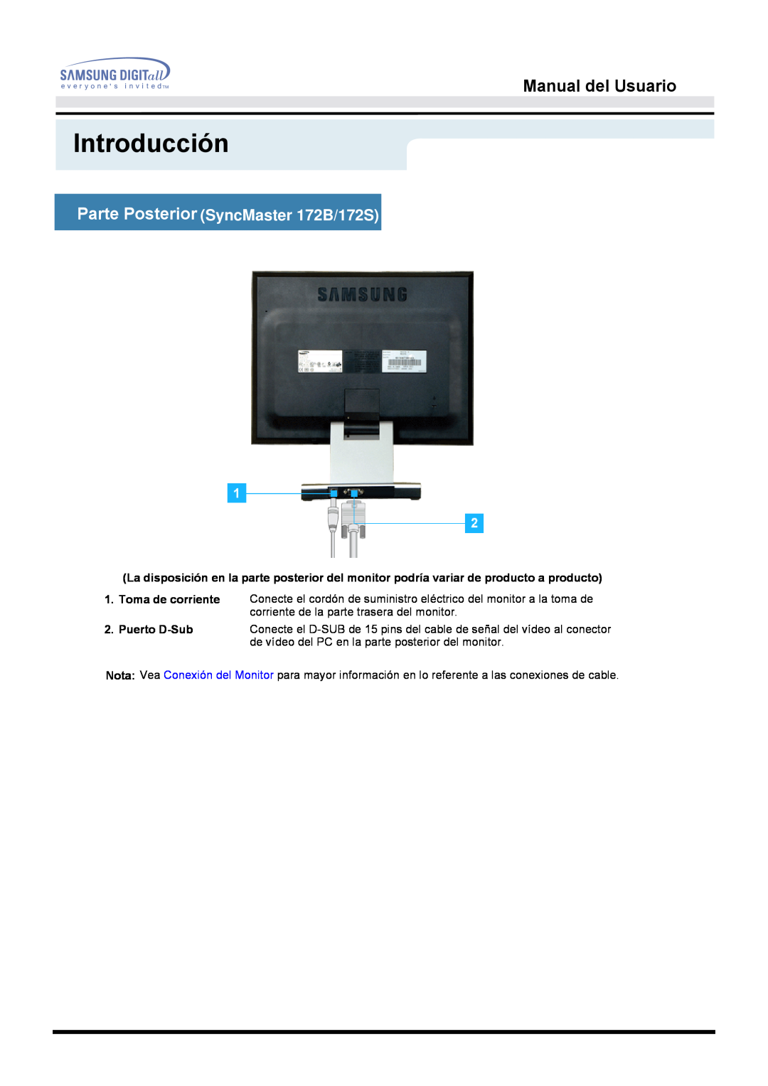Samsung MO17ESDSZ/EDC, MO17ESZSZ/EDC Parte Posterior SyncMaster 172B/172S, Introducción, Manual del Usuario, Puerto D-Sub 
