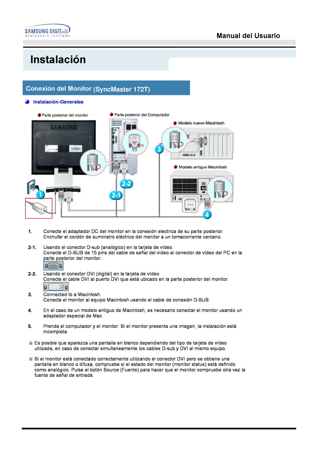 Samsung MO17ESZS/EDC, MO17ESZSZ/EDC Conexión del Monitor SyncMaster 172T, Manual del Usuario, Instalación-Generales 