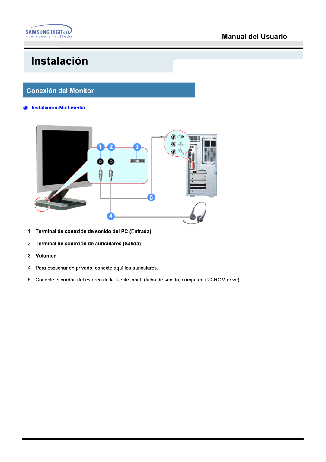 Samsung MO17ESDS/EDC, MO17ESZSZ/EDC, MO17ESZS/EDC manual Conexión del Monitor, Manual del Usuario, Instalación-Multimedia 