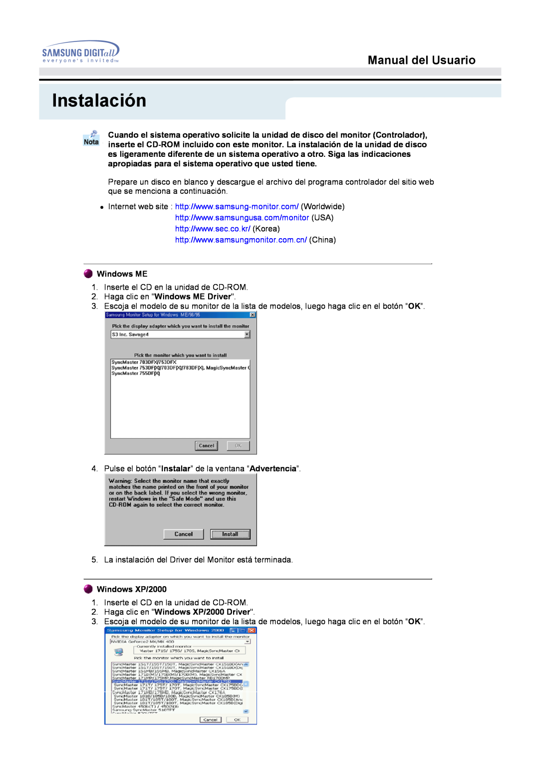 Samsung MO17ESDSZ/EDC, MO17ESZSZ/EDC Instalación, Manual del Usuario, Haga clic en Windows ME Driver, Windows XP/2000 