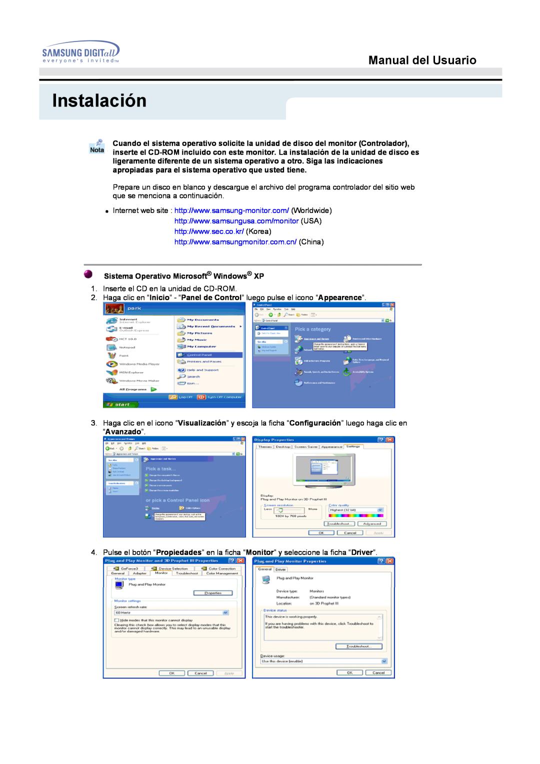 Samsung MO17ESZSZ/EDC, MO17ESZS/EDC, MO17ESDS/EDC Instalación, Manual del Usuario, Sistema Operativo Microsoft Windows XP 