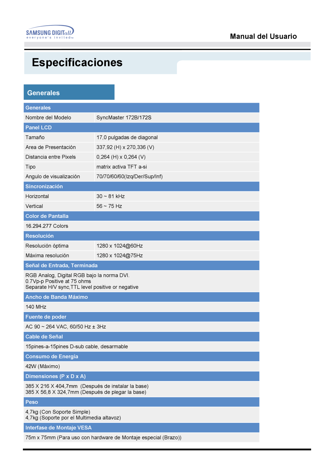 Samsung MO17PSZSQ/EDC, MO17ESZSZ/EDC, MO17ESZS/EDC, MO17ESDS/EDC manual Especificaciones, Generales, Manual del Usuario 