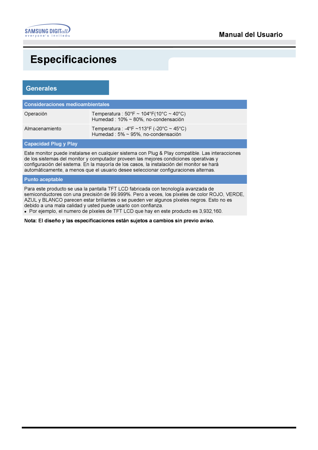 Samsung MO17ESZSZ/EDC Especificaciones, Manual del Usuario, Generales, Consideraciones medioambientales, Punto aceptable 