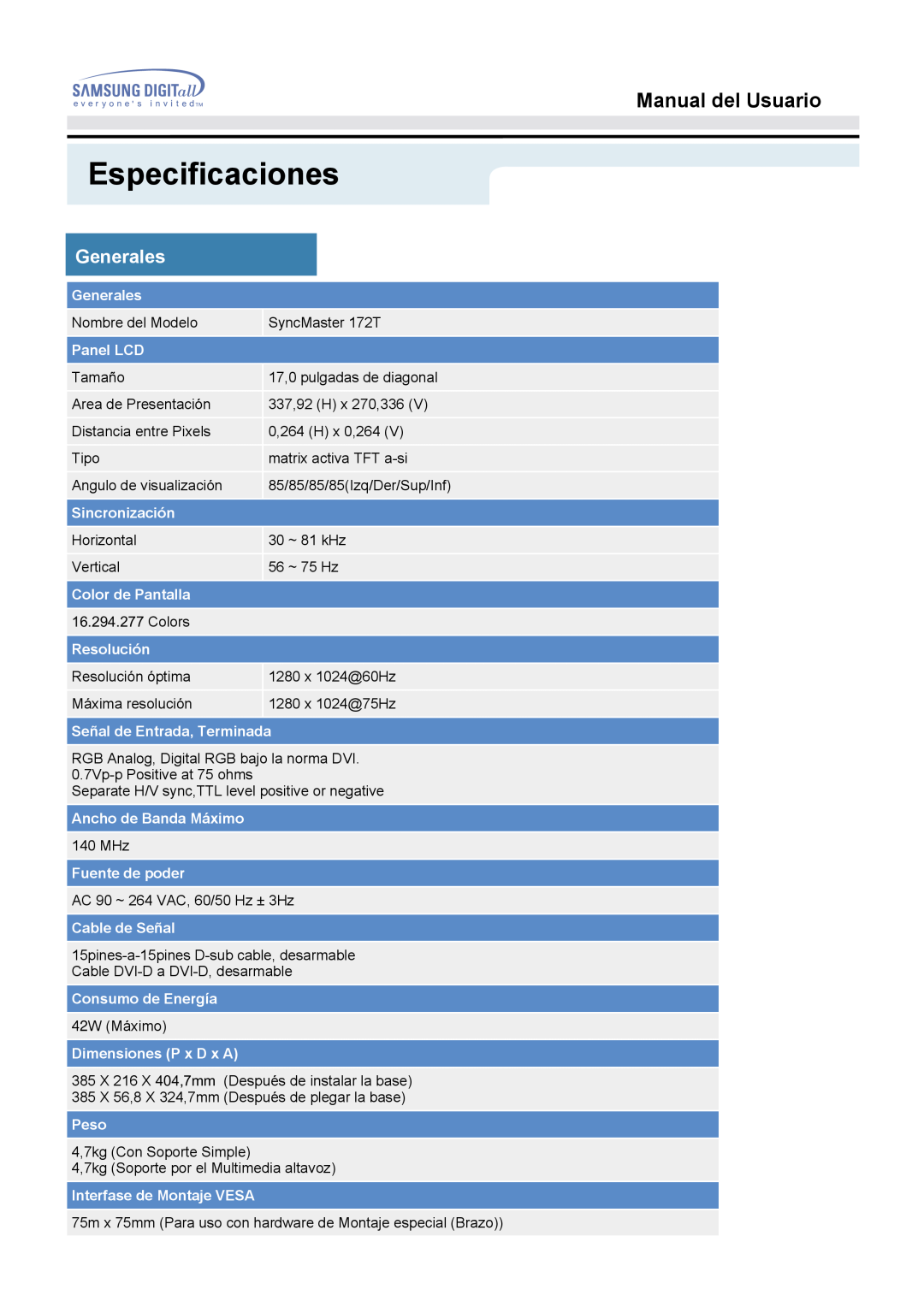 Samsung MO17ESZS/EDC, MO17ESZSZ/EDC, MO17ESDS/EDC, MO17PSDS/EDC manual Especificaciones, Manual del Usuario, Generales 