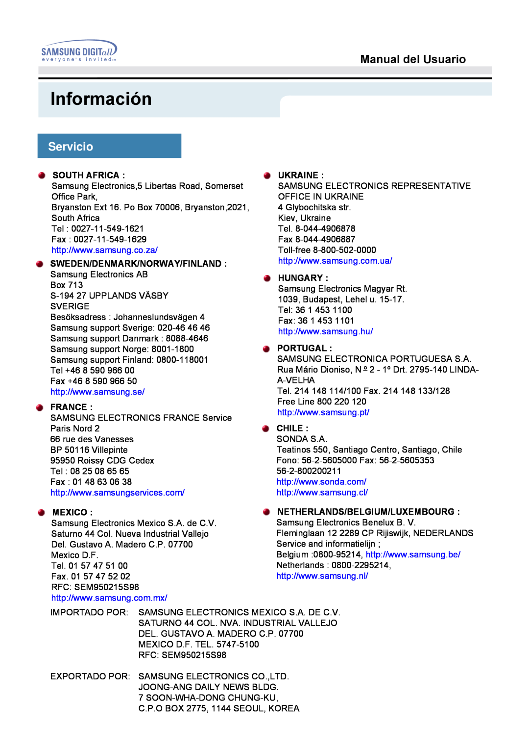 Samsung MO17ESZSZ/EDC manual Información, Manual del Usuario, Servicio, South Africa, Sweden/Denmark/Norway/Finland, France 