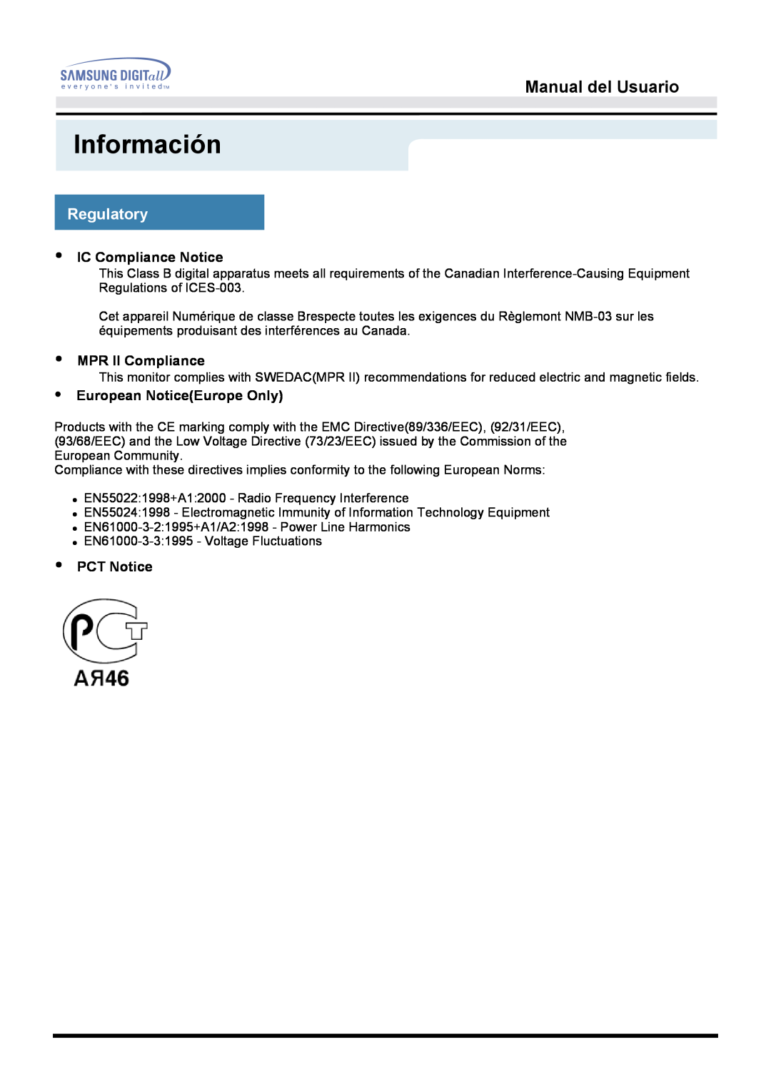 Samsung MO17PSDS/EDC Información, Manual del Usuario, Regulatory, IC Compliance Notice, MPR II Compliance, PCT Notice 