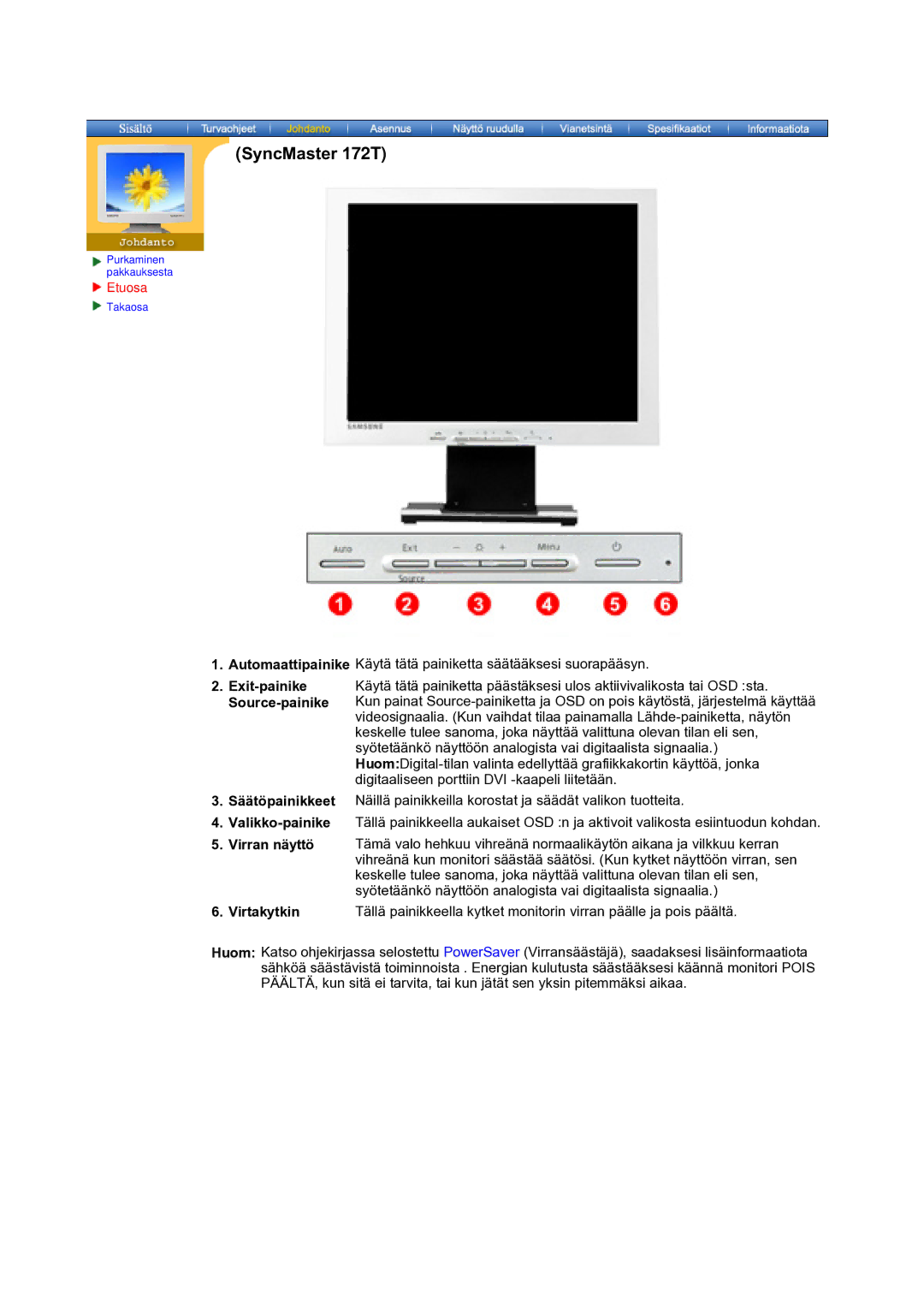 Samsung MO17ESDSZ/EDC, MO17ESZSZ/EDC, MO17PSZS/EDC manual Automaattipainike Exit-painike Source-painike, Virtakytkin 