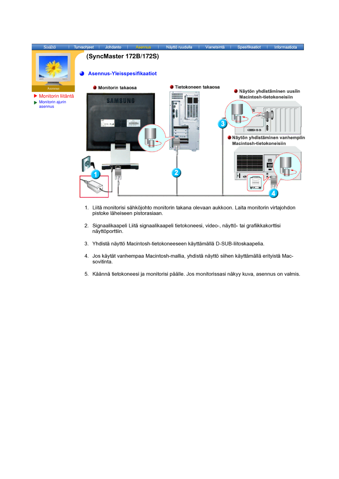 Samsung MO17ESDSZ/EDC, MO17ESZSZ/EDC, MO17PSZS/EDC manual Asennus-Yleisspesifikaatiot 