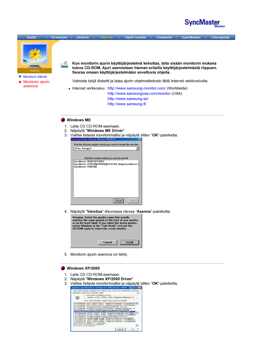 Samsung MO17ESZSZ/EDC, MO17PSZS/EDC, MO17ESDSZ/EDC manual Näpäytä Windows ME Driver, Näpäytä Windows XP/2000 Driver 