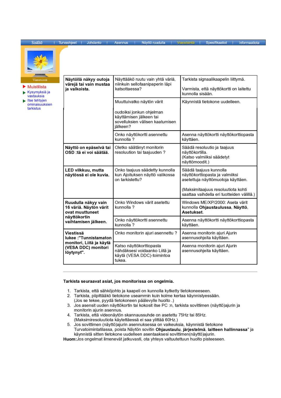 Samsung MO17ESDSZ/EDC manual Ja valkoista, Näyttö on epäselvä tai, OSD tä ei voi säätää, LED vilkkuu, mutta, Asetukset 