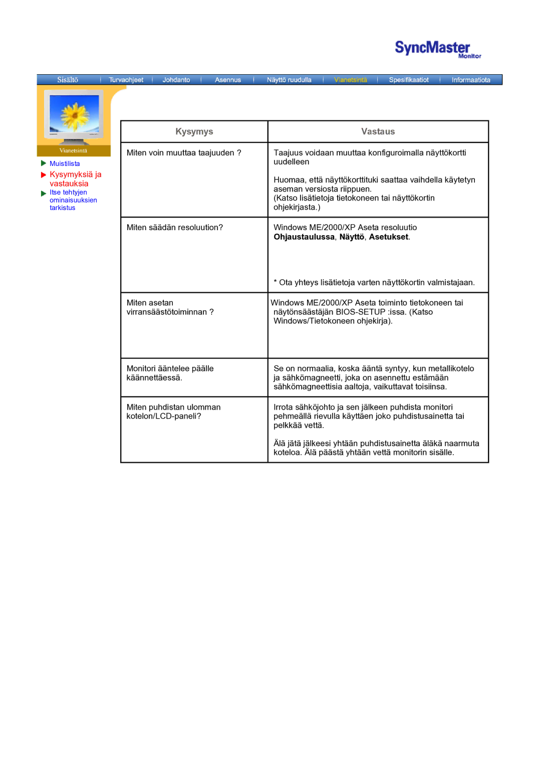 Samsung MO17ESZSZ/EDC, MO17PSZS/EDC, MO17ESDSZ/EDC manual Kysymys, Ohjaustaulussa, Näyttö, Asetukset 