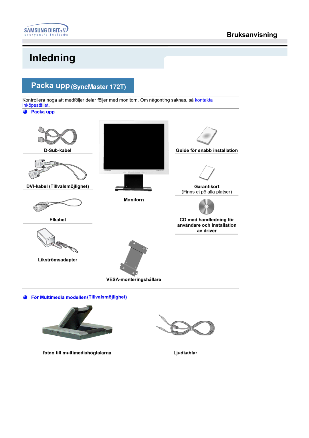 Samsung MO17ESZSZ/EDC, MO17PSZS/EDC, MO17ESDSZ/EDC manual Packa uppSyncMaster 172T 