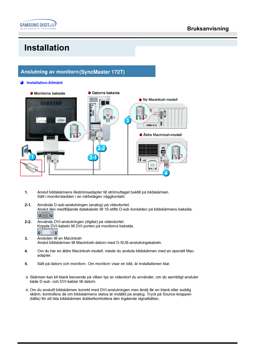 Samsung MO17ESZSZ/EDC, MO17PSZS/EDC, MO17ESDSZ/EDC manual Anslutning av monitorn SyncMaster 172T 