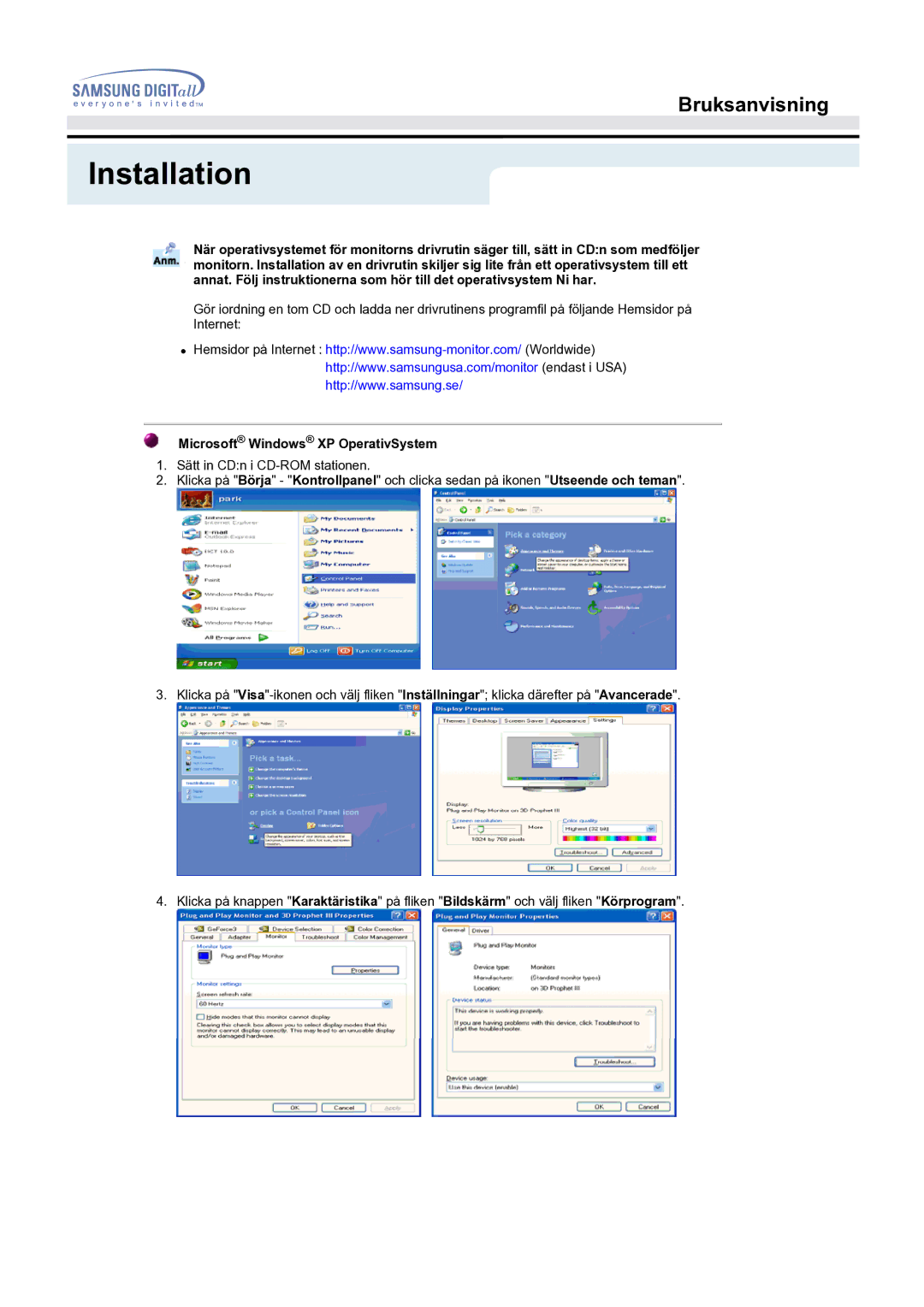 Samsung MO17ESDSZ/EDC, MO17ESZSZ/EDC, MO17PSZS/EDC manual Microsoft Windows XP OperativSystem 