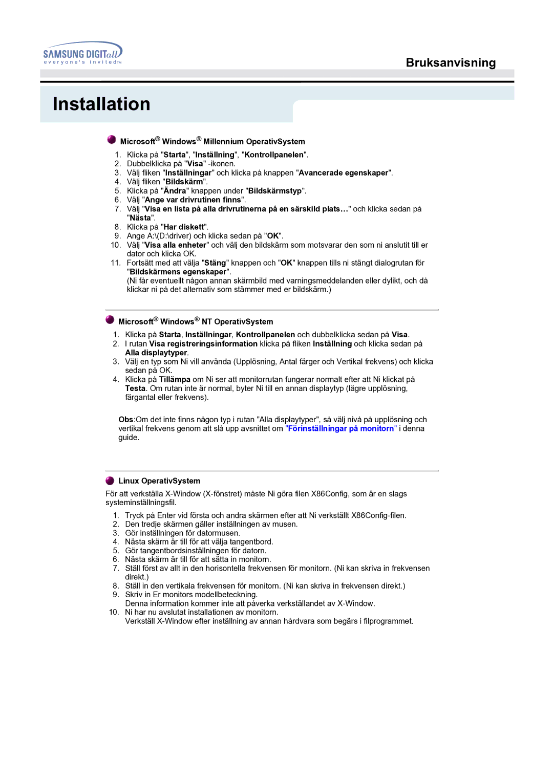 Samsung MO17ESDSZ/EDC, MO17ESZSZ/EDC, MO17PSZS/EDC manual Microsoft Windows NT OperativSystem 