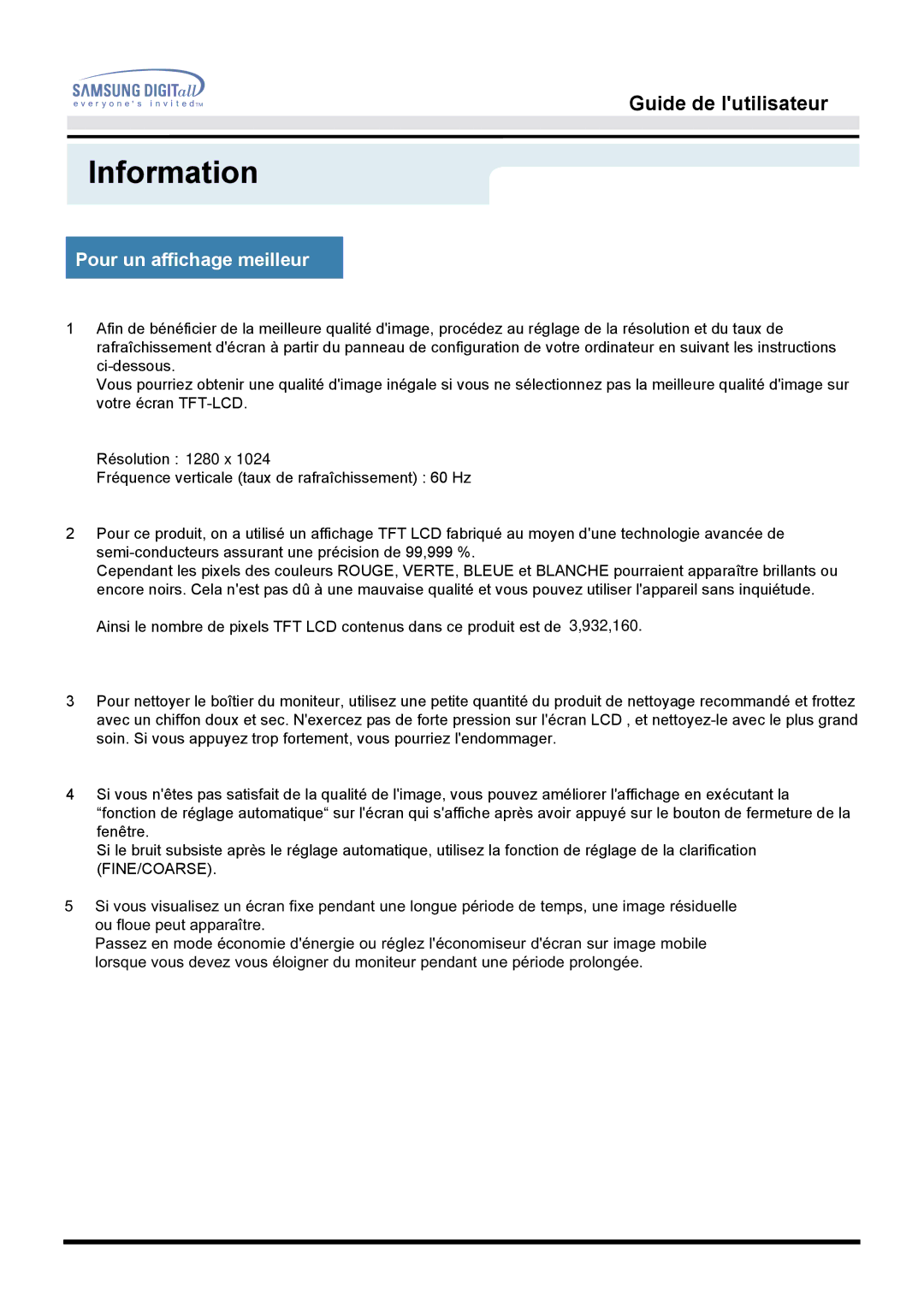 Samsung MO17ESZS/EDC, MO17ESZSZ/EDC, MO17PSZS/EDC, MO17ESDS/EDC, MO17PSDS/EDC, MO17ESDSZ/EDC manual Pour un affichage meilleur 