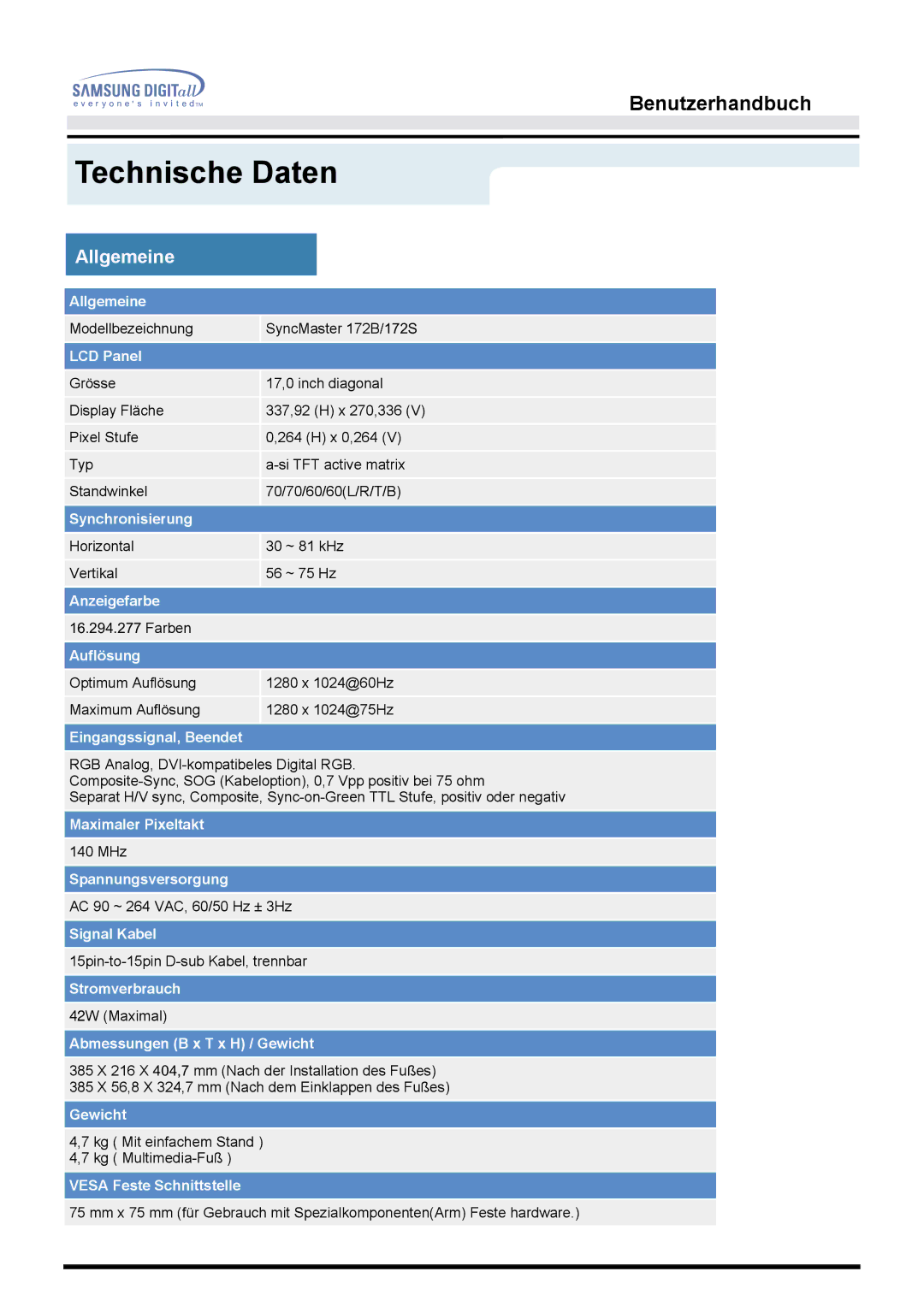 Samsung MO17ESDSZ/EDC, MO17ESZSZ/EDC, MO17PSZS/EDC, MO17ESZS/EDC, MO17ESDS/EDC, MO17PSDS/EDC manual Technische Daten, Allgemeine 