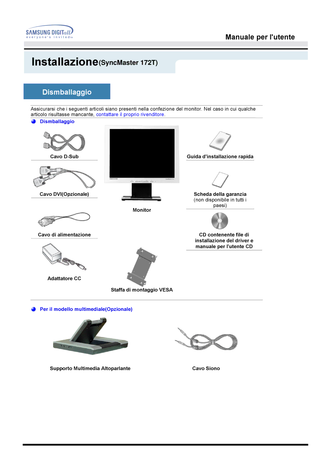 Samsung MO17ESZSZ/EDC, MO17PSZS/EDC, MO17ESZS/EDC, MO17ESDS/EDC, MO17PSDS/EDC, MO17ESDSZ/EDC manual InstallazioneSyncMaster 172T 