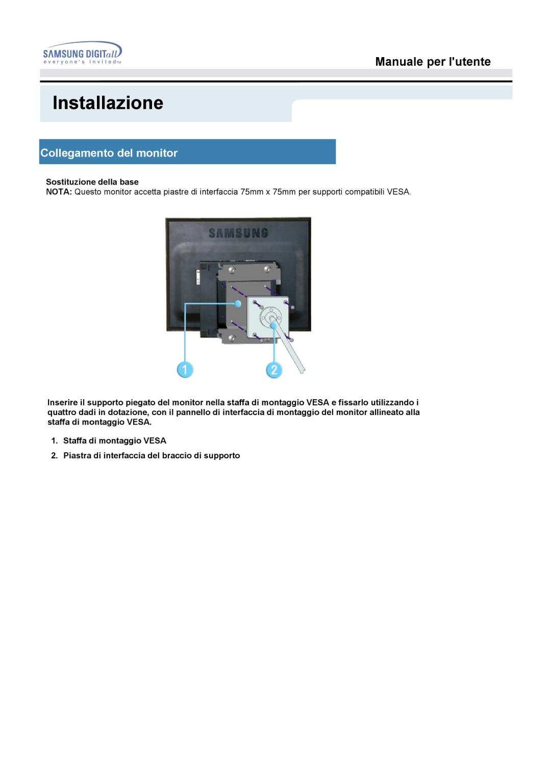 Samsung MO17ESZS/EDC, MO17ESZSZ/EDC, MO17PSZS/EDC, MO17ESDS/EDC, MO17PSDS/EDC, MO17ESDSZ/EDC manual Sostituzione della base 