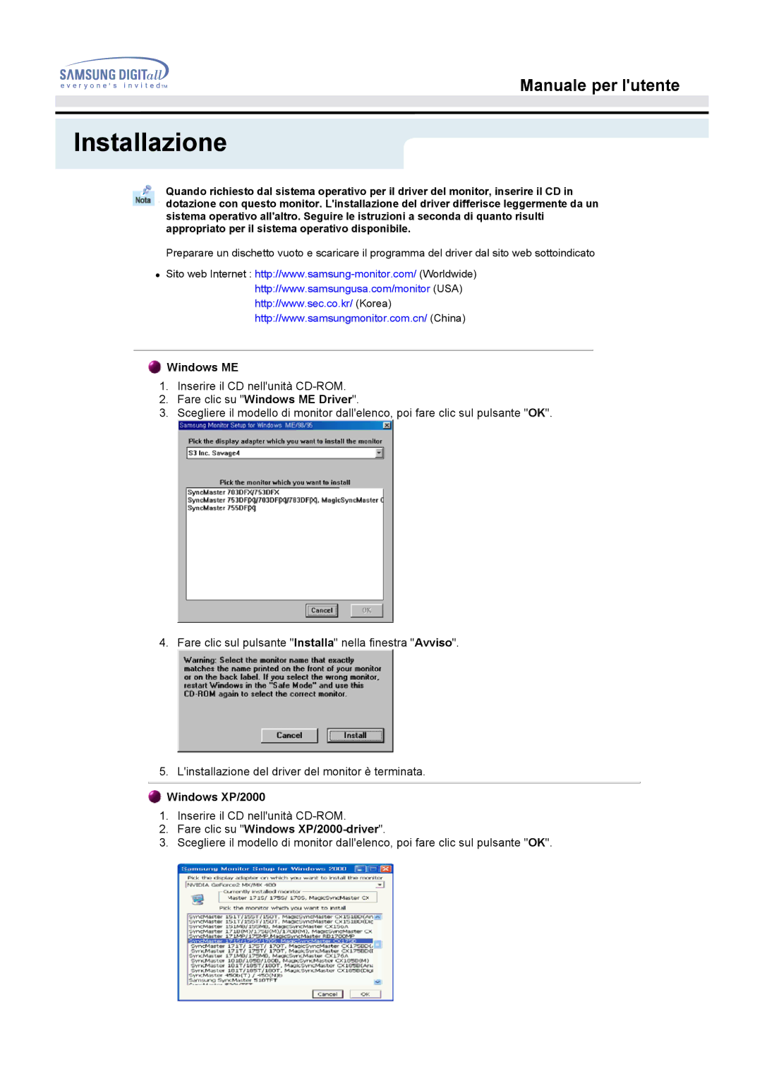 Samsung MO17ESDS/EDC, MO17ESZSZ/EDC manual Fare clic su Windows ME Driver, Fare clic su Windows XP/2000-driver 