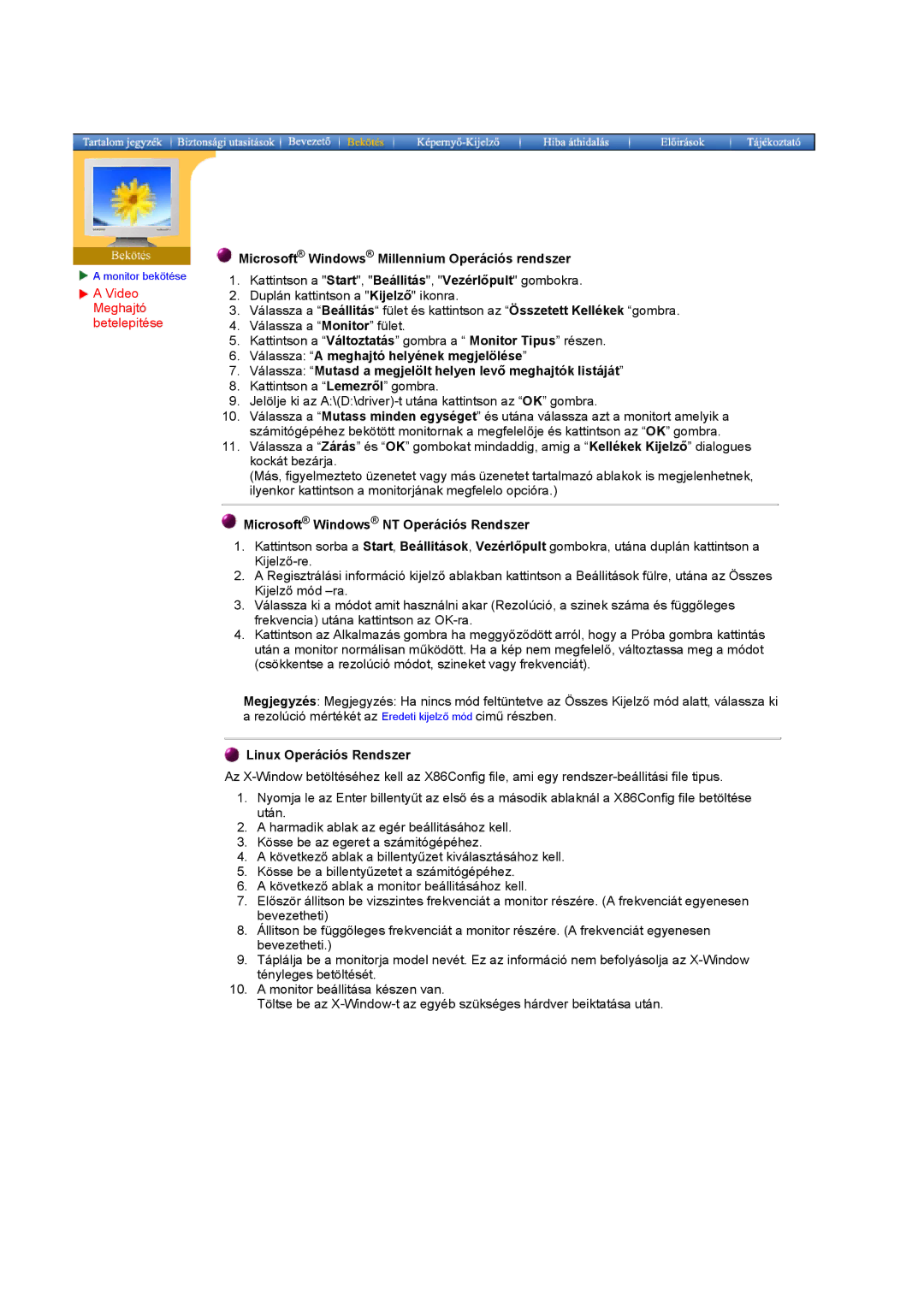 Samsung MO17ESDSZ/EDC manual Microsoft Windows Millennium Operációs rendszer, Microsoft Windows NT Operációs Rendszer 