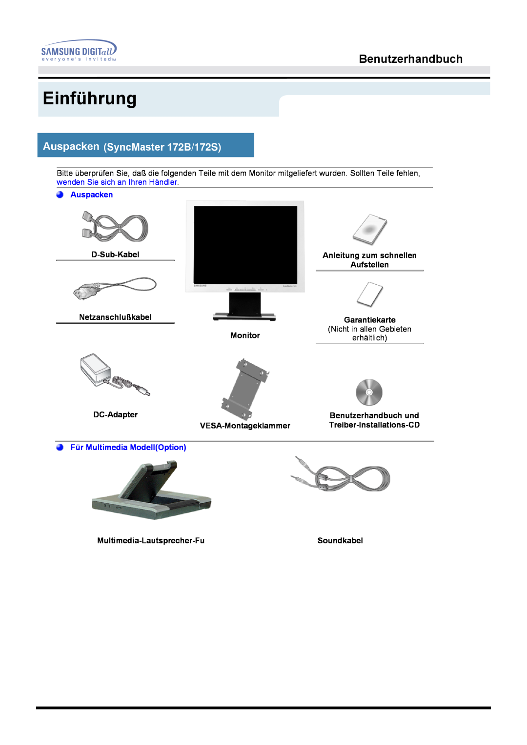 Samsung MO17ESDSZ/EDC manual Einführung, Benutzerhandbuch, Auspacken SyncMaster 172B/172S, Für Multimedia ModellOption 