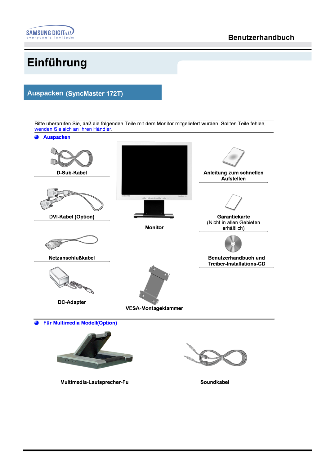 Samsung MO17ESZSZ/EDC, MO17PSZS/EDC Einführung, Benutzerhandbuch, Auspacken SyncMaster 172T, Für Multimedia ModellOption 