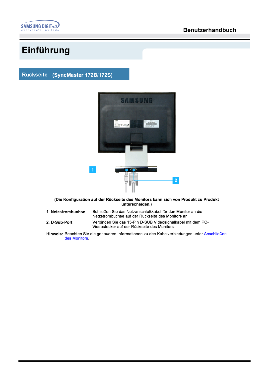 Samsung MO17ESDS/EDC, MO17PSZS/EDC Einführung, Benutzerhandbuch, Rückseite SyncMaster 172B/172S, unterscheiden, D-Sub-Port 