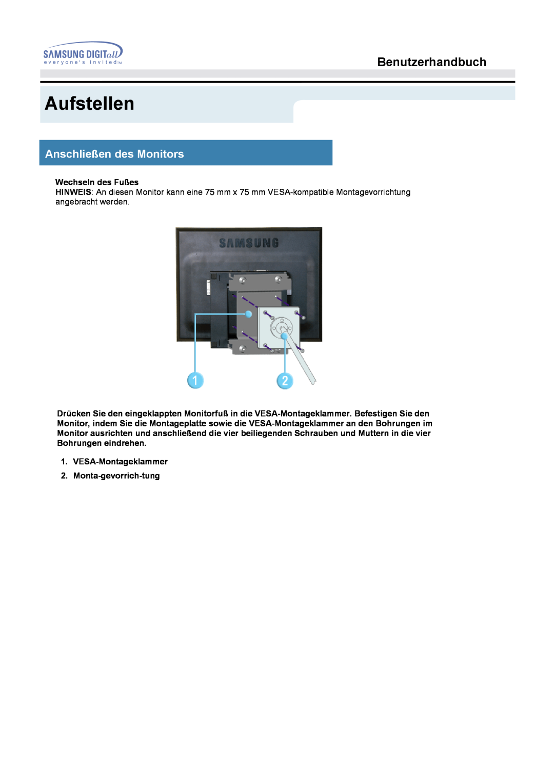 Samsung MO17ESZS/EDC, MO17ESZSZ/EDC manual Aufstellen, Benutzerhandbuch, Anschließen des Monitors, Wechseln des Fußes 