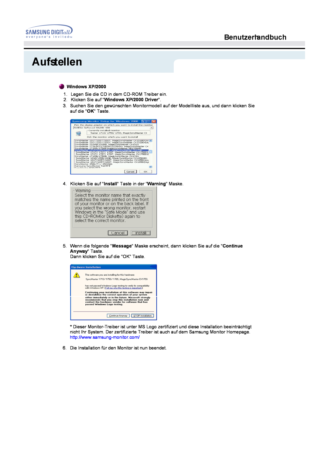 Samsung MO17PSDS/EDC, MO17ESZSZ/EDC, MO17PSZS/EDC Aufstellen, Benutzerhandbuch, Klicken Sie auf Windows XP/2000 Driver 