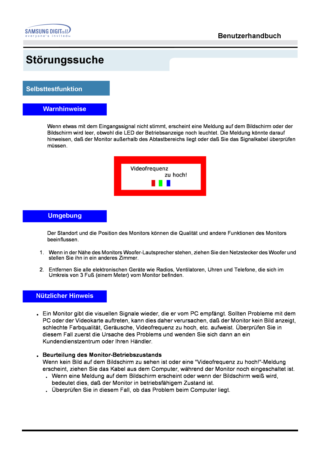 Samsung MO17PSDS/EDC manual Selbsttestfunktion Warnhinweise, Umgebung, Nützlicher Hinweis, Störungssuche, Benutzerhandbuch 