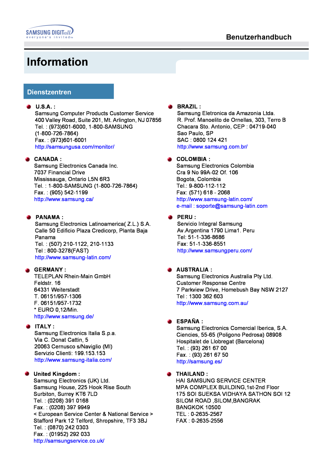 Samsung MO17ESDSZ/EDC Information, Dienstzentren, Benutzerhandbuch, U.S.A, Brazil, http//samsungusa.com/monitor, Canada 